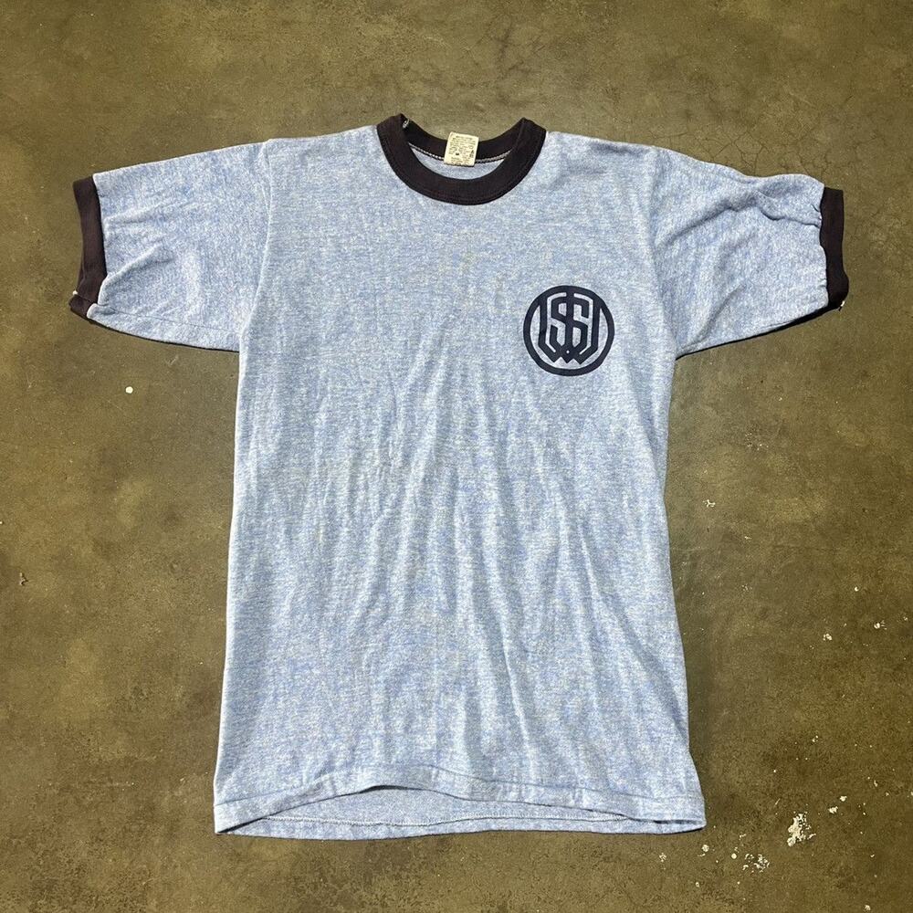 Vintage 70s Blue Russell Athletic Logo Ringer T-Shirt